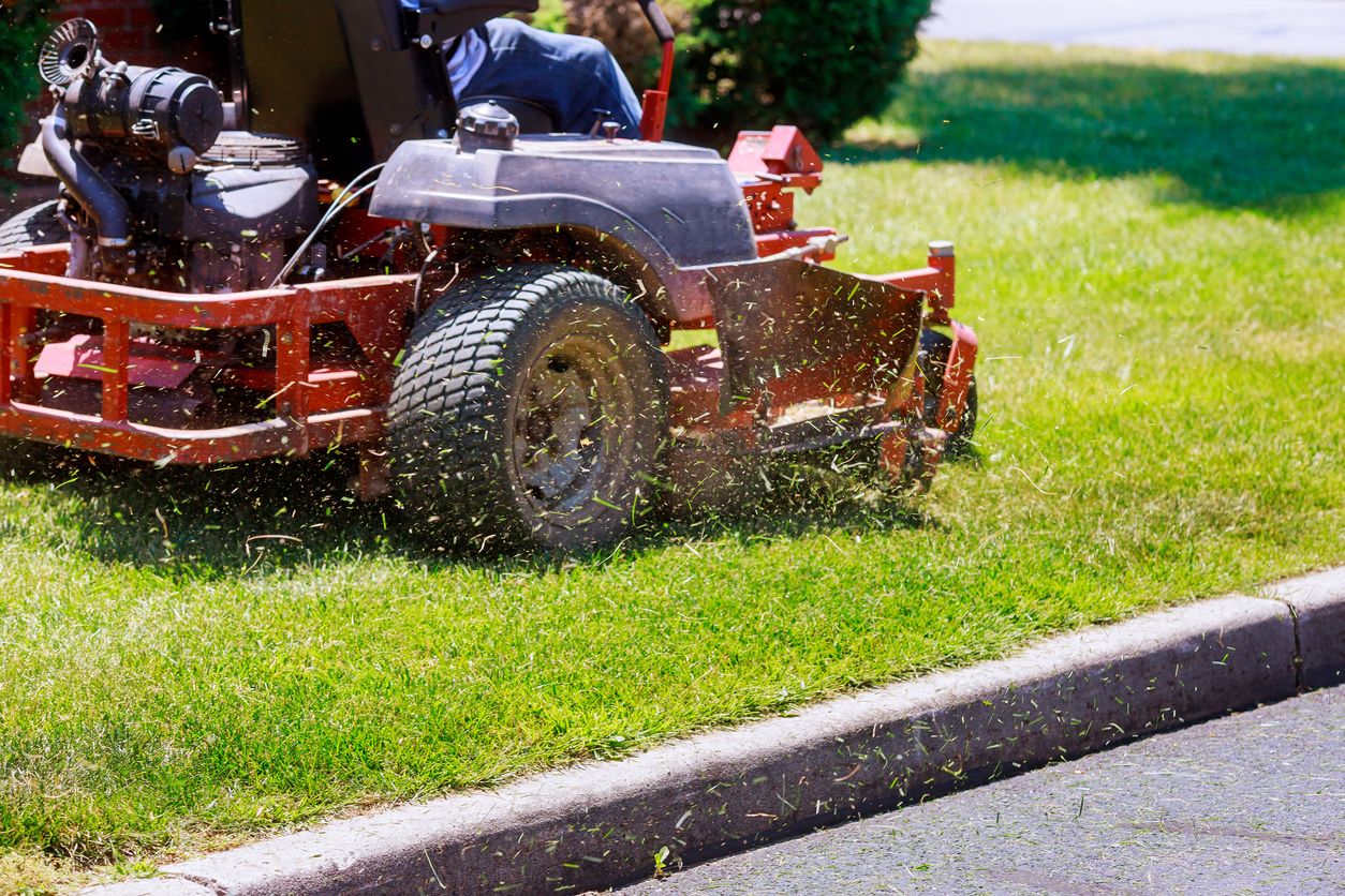 process of lawn mowing, lawnmower cutting grass with gardening tools and green grass around
